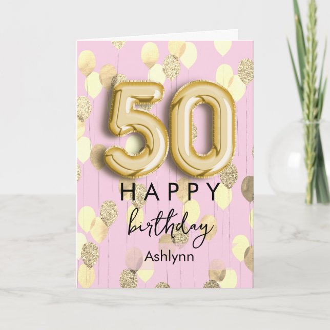 Personalized Gold Balloons 50th Birthday Card (Front)