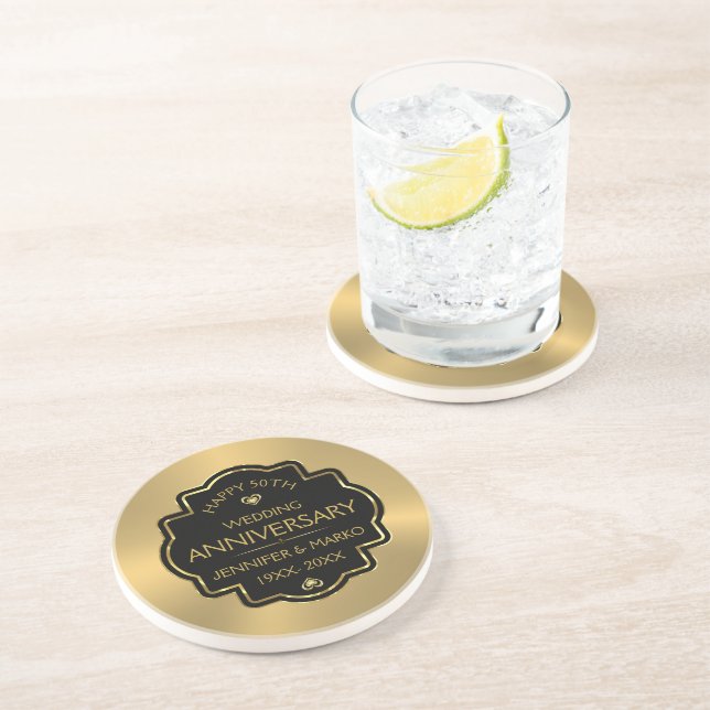 Personalized Gold & Black 50th Wedding Anniversary Coaster (Side)