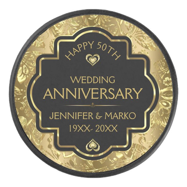 Personalized Gold & Black 50th Wedding Anniversary Hockey Puck (Front)