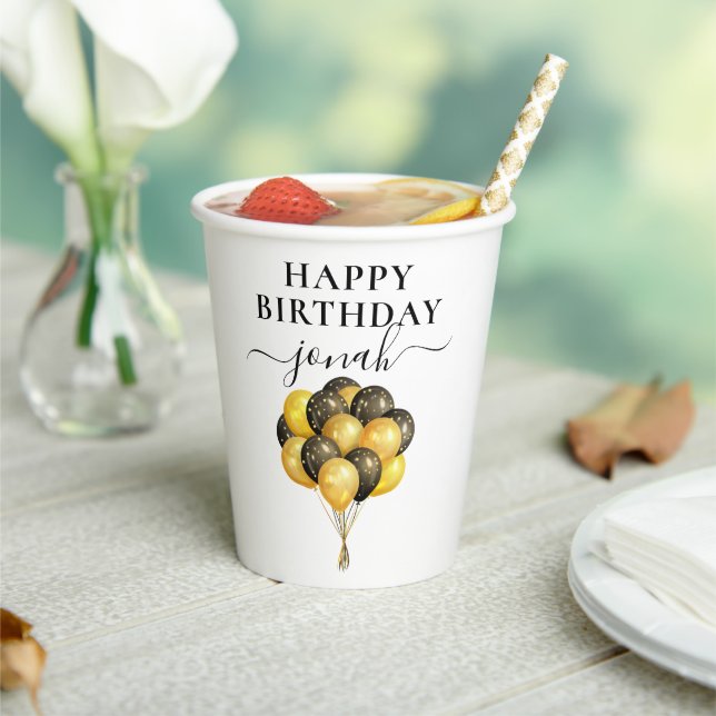 Personalized Gold Black Balloons Birthday White Paper Cups (Insitu)