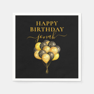 Personalized Gold Black Balloons Happy Birthday Napkin