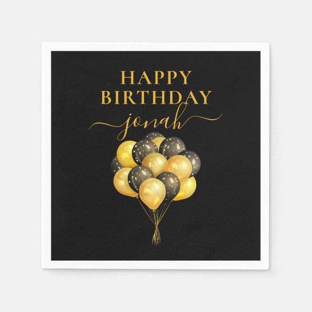 Personalized Gold Black Balloons Happy Birthday Napkin (Front)