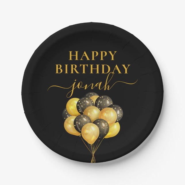 Personalized Gold Black Balloons Happy Birthday Paper Plate (Front)
