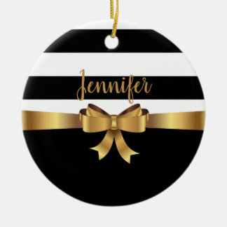 Personalized Gold, Black Bold Stripes ELEGANT BOW Ceramic Ornament