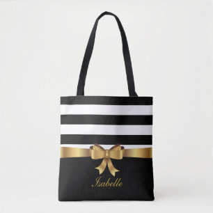 Personalized Gold, Black Bold Stripes ELEGANT BOW Tote Bag
