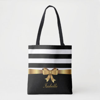 Personalized Gold, Black Bold Stripes ELEGANT BOW Tote Bag