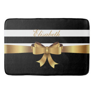 Personalized Gold, Black Bold Stripes Golden BOW Bath Mat