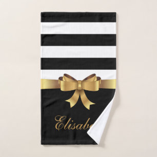 Personalized Gold, Black Bold Stripes Golden BOW Bath Towel Set