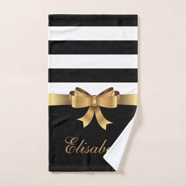 Personalized Gold, Black Bold Stripes Golden BOW Bath Towel Set (Hand Towel)