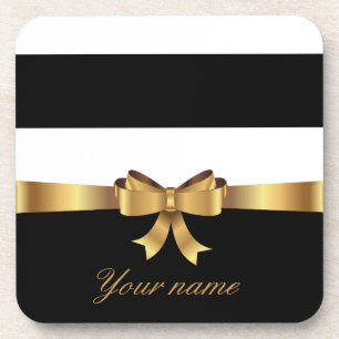 Personalized Gold, Black Bold Stripes Golden BOW Coaster