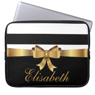 Personalized Gold, Black Bold Stripes Golden BOW Laptop Sleeve