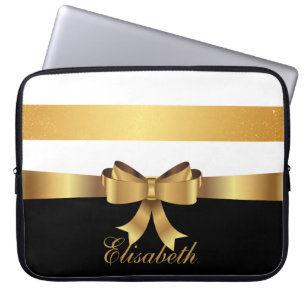 Personalized Gold, Black Bold Stripes Golden BOW Laptop Sleeve