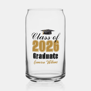 Personalized Gold Black Class of 2026 Graduation Can Glass