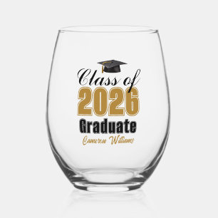 Personalized Gold Black Class of 2026 Graduation Stemless Wine Glass