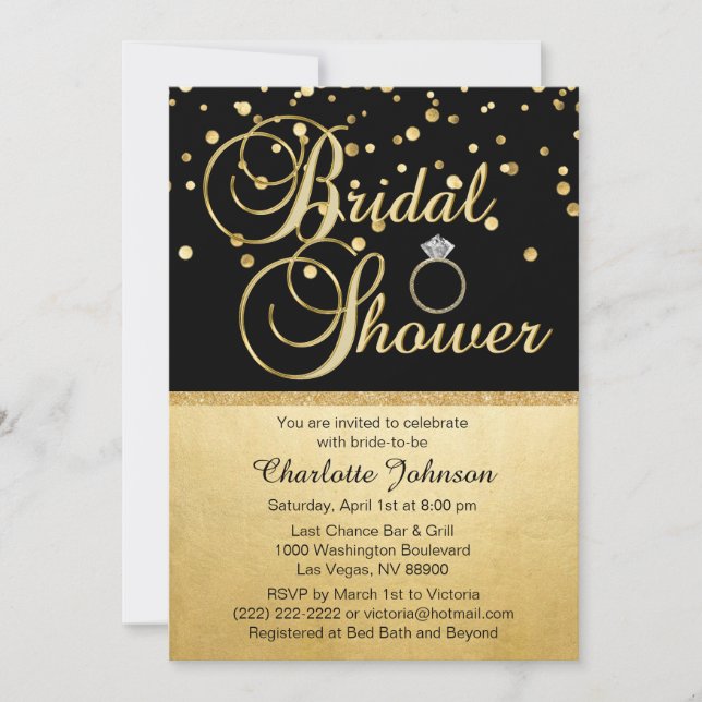 Personalized Gold Black Diamond Ring Bridal Shower Invitation (Front)