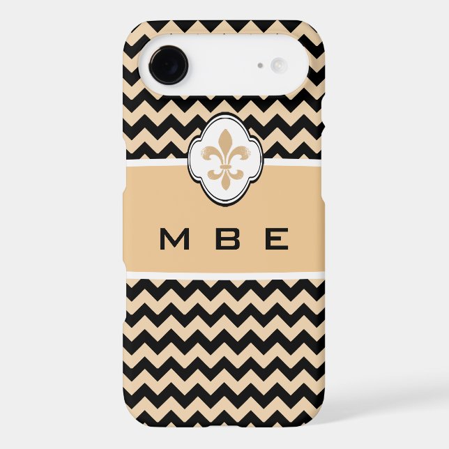 Personalized Gold Black Fleur de Lis Chevron Case-Mate iPhone Case (Back)