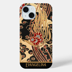 Personalized Gold & Black Floral Art Nouveau Print iPhone 15 Case