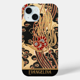 Personalized Gold & Black Floral Art Nouveau Print iPhone 15 Case