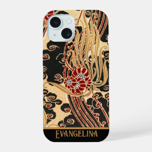 Personalized Gold & Black Floral Art Nouveau Print iPhone 15 Case