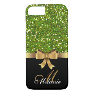 Personalized Gold, Black GREEN GLITTER  BOW iPhone 8/7 Case