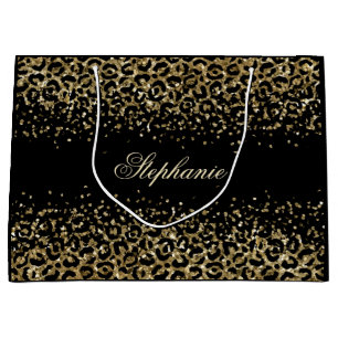 Personalized Gold Black Leopard Print Glitter  Large Gift Bag