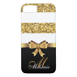 Personalized Gold, Black white GLITTER STRIPES BOW iPhone 8/7 Case