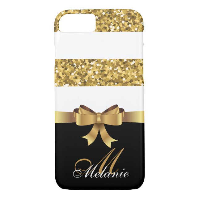 Personalized Gold, Black white GLITTER STRIPES BOW Case-Mate iPhone Case (Back)