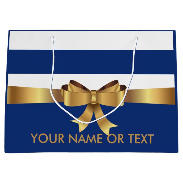 Personalized Gold,  Blue Bold Stripes Golden BOW  Large Gift Bag (Front)