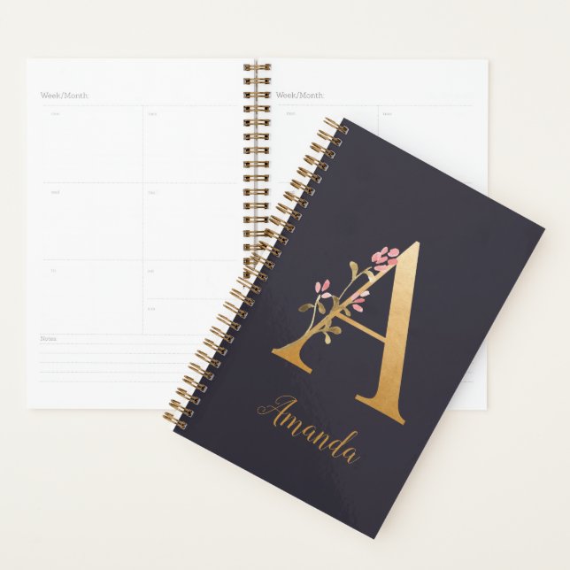 Personalized Gold Blue Elegant Floral Monogram A Planner (Display)