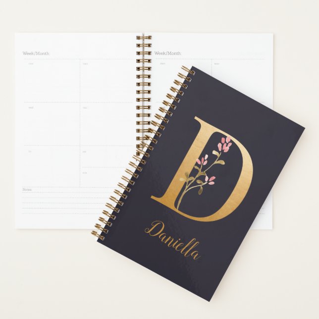 Personalized Gold Blue Elegant Floral Monogram D Planner (Display)