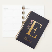 Personalized Gold Blue Elegant Floral Monogram E