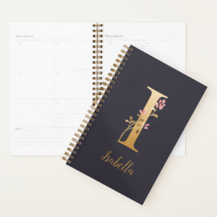 Personalized Gold Blue Elegant Floral Monogram I Planner