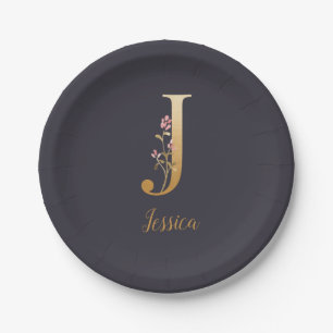Personalized Gold Blue Elegant Floral Monogram J Paper Plate