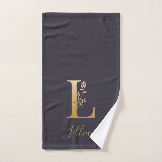 Personalized Gold Blue Elegant Floral Monogram L   Bath Towel Set (Hand Towel)