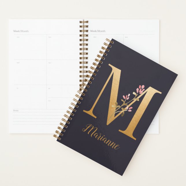 Personalized Gold Blue Elegant Floral Monogram M Planner (Display)