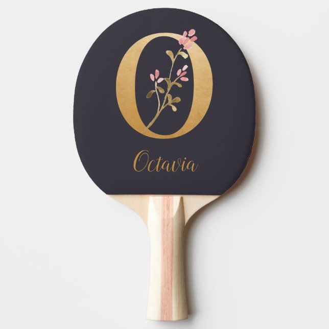 Personalized Gold Blue Elegant Floral Monogram O Ping Pong Paddle (Front)