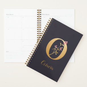 Personalized Gold Blue Elegant Floral Monogram O Planner