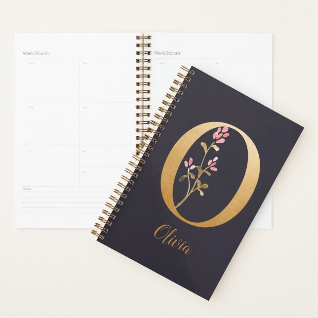 Personalized Gold Blue Elegant Floral Monogram O Planner (Display)