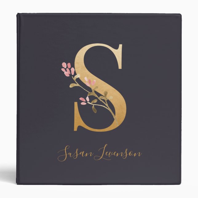 Personalized Gold Blue Elegant Floral Monogram S Binder (Front)