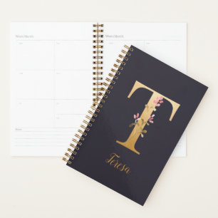 Personalized Gold Blue Elegant Floral Monogram T Planner