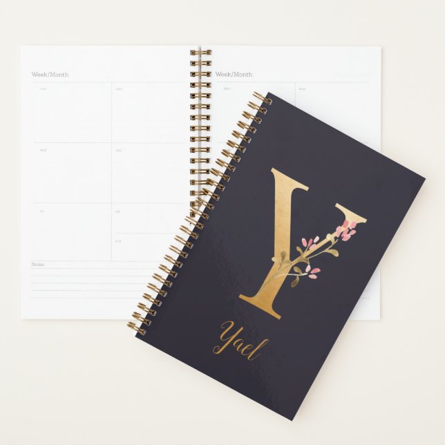 Personalized Gold Blue Elegant Floral Monogram Y Planner (Display)
