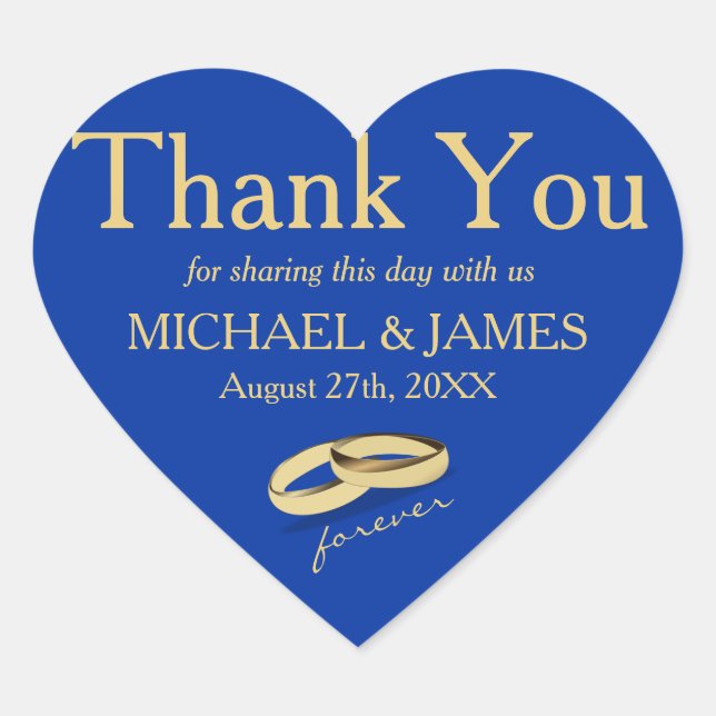 Personalized Gold & Blue Heart Wedding Sticker (Front)