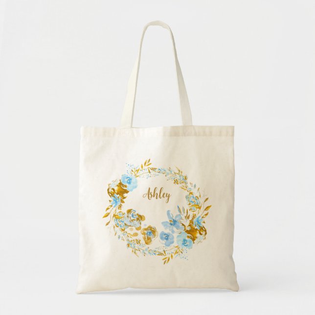 Personalized Gold & Blue Watercolor Floral Tote Bag (Front)