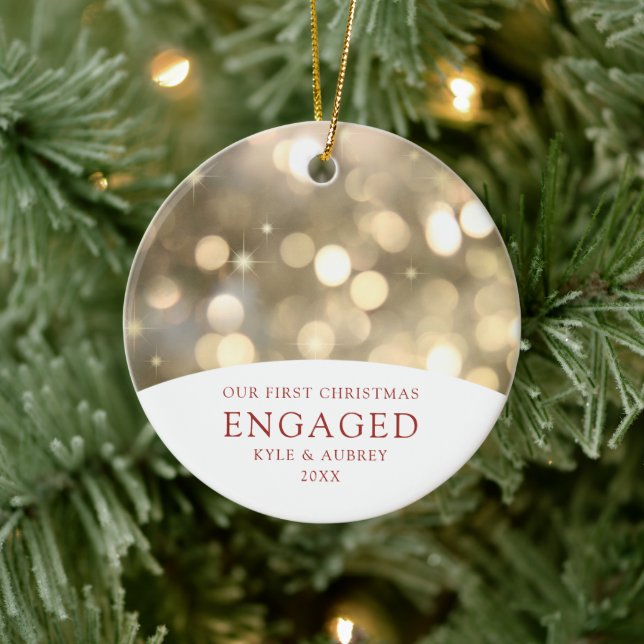 Personalized Gold Bokeh Lights Engaged Couple Ceramic Ornament (Tree)