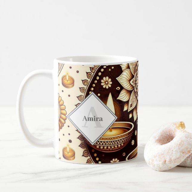 Personalized Gold & Bronze Diwali Diyas & Rangoli Coffee Mug (With Donut)