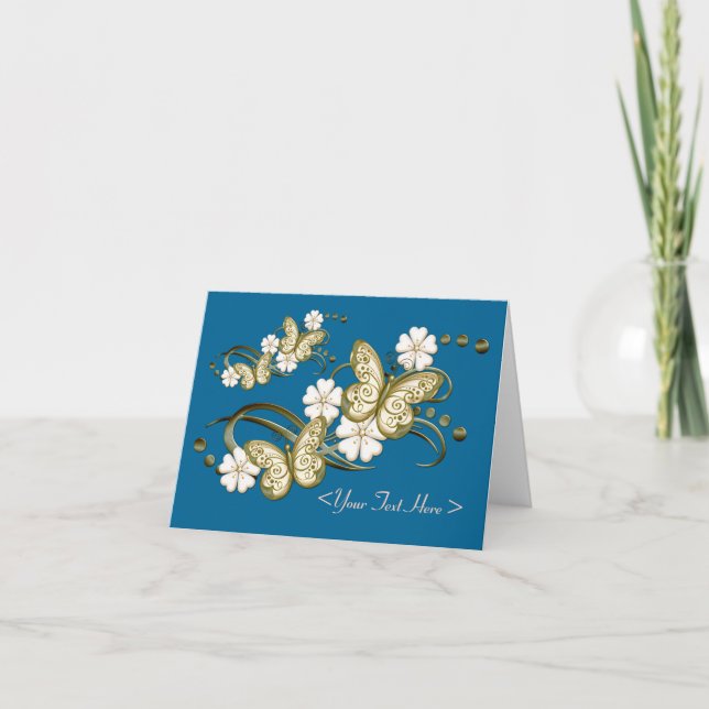 Personalized Gold Butterflies Floral Note Card (Front)