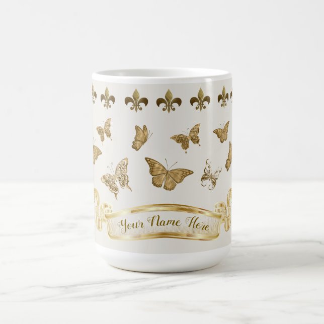 Personalized Gold Butterfly Fleur de Lis 15 oz Coffee Mug (Center)