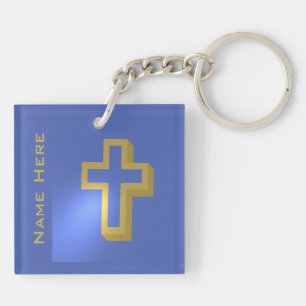 Personalized Gold Christian Religious Cross Blue Keychain