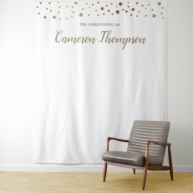 Personalized Gold Confetti Christening Backdrop Tapestry (In Situ)