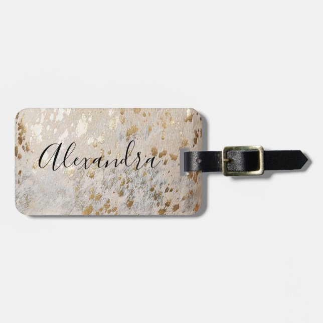 Personalized Gold Cowhide Print Luggage Tag (Front Horizontal)